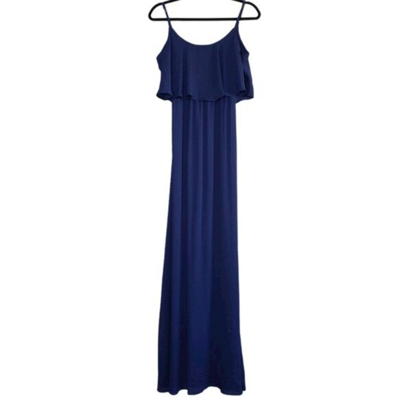 Womens Navy Blue Cold Shoulder Maxi Dress With Ruffle Detail Spaghetti Straps & - Picture 5 of 9